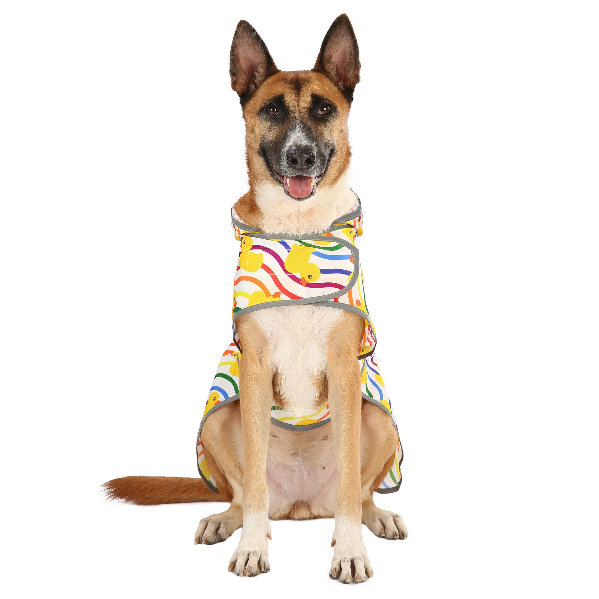 Happiere Dog Raincoat For Large Dogs, Waterproof Rain Jacket Coat With Hood And Leash Hole, Polyester, Rainbow Ducks